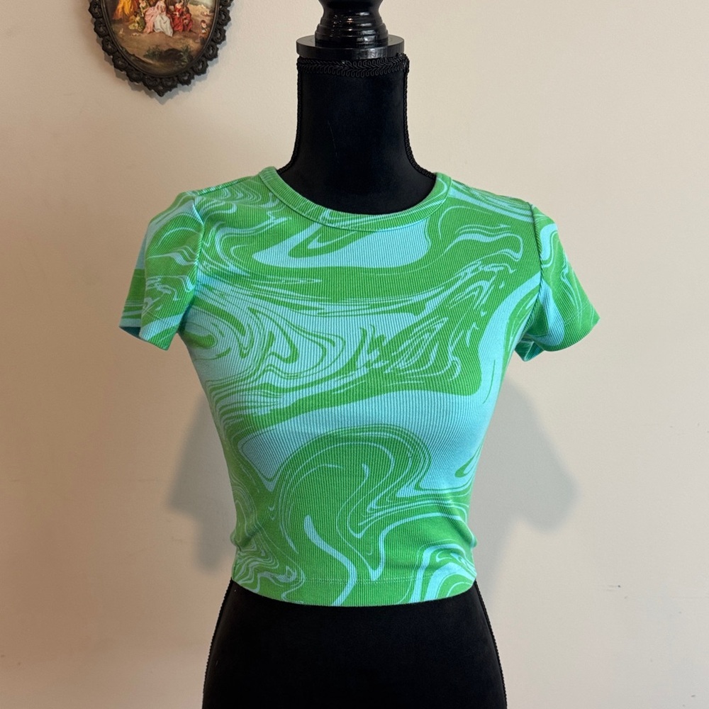 Wild Fable Green and Light Blue Swirl Crop Top